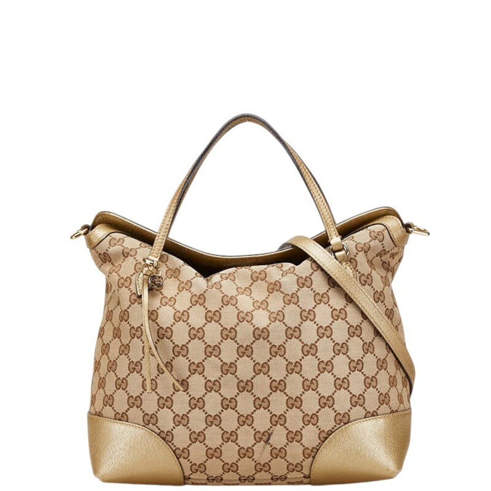 Gucci GG Canvas Bree Handbag Shoulder Bag Beige Tan Gold Leather